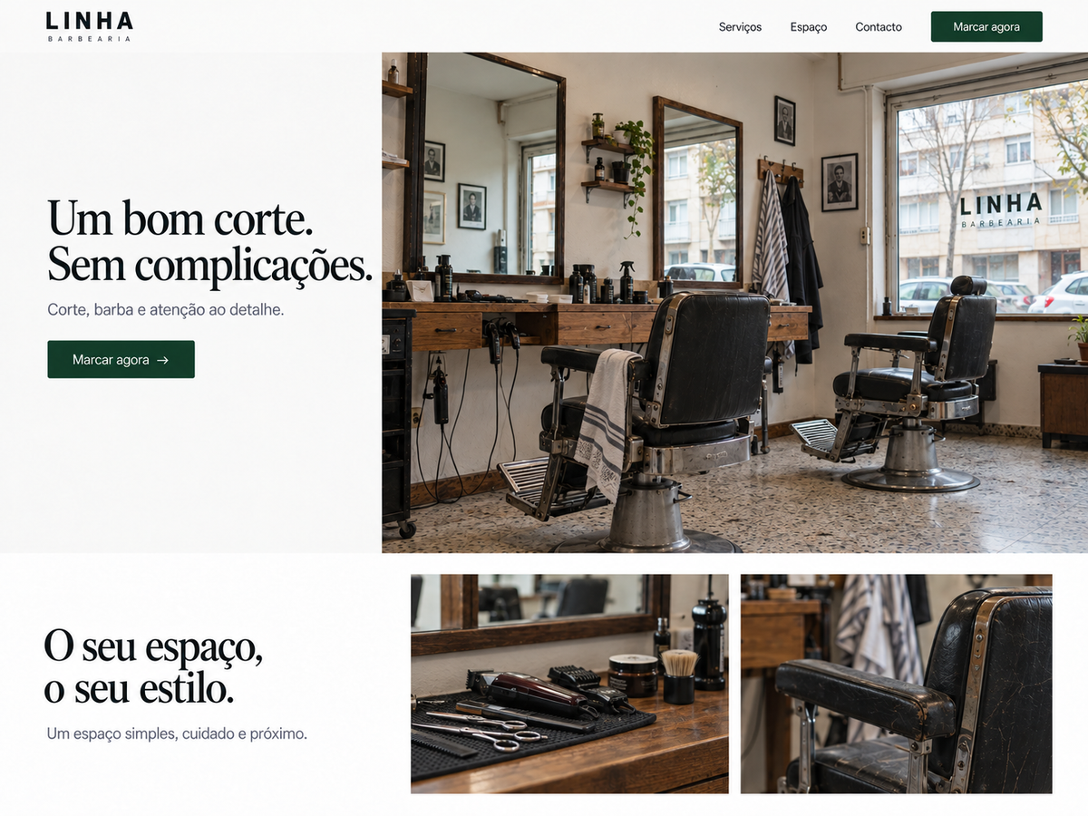 Proposta renovada Linha Barbearia, com o espaço em destaque e convite para marcar