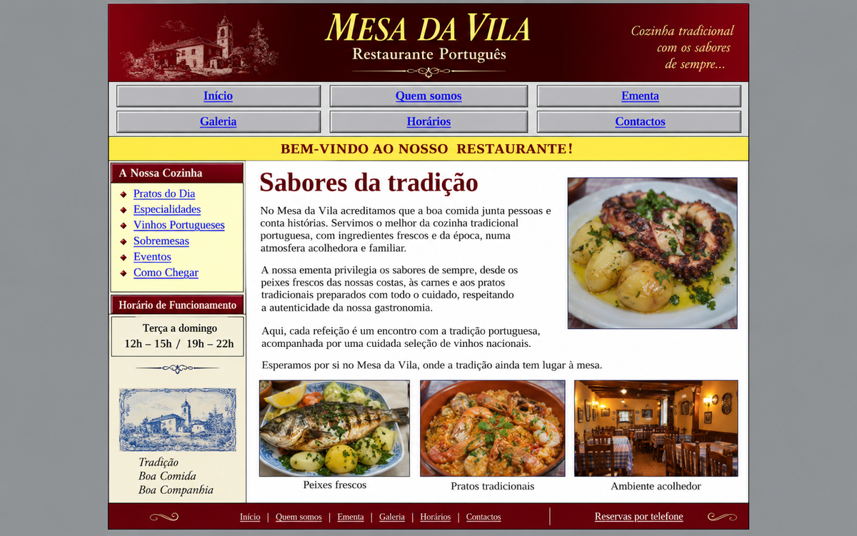 Conceito inicial do site Mesa da Vila, com navegação densa e imagens pequenas